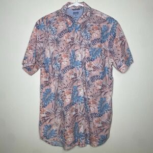 IZOD Saltwater Floral Shirt Mens M Pink Blue Peony Hawaiian Woven Short Sleeve